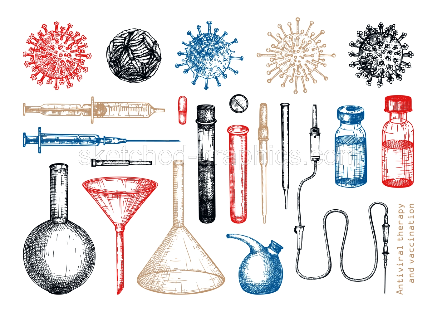 Antiviral therapy and vaccination set. Hand drawn vector illustrations. Vaccine in bottles, laboratory equipment, different virus sketches. Medical design elements. Covid-19 drawing  Illustration